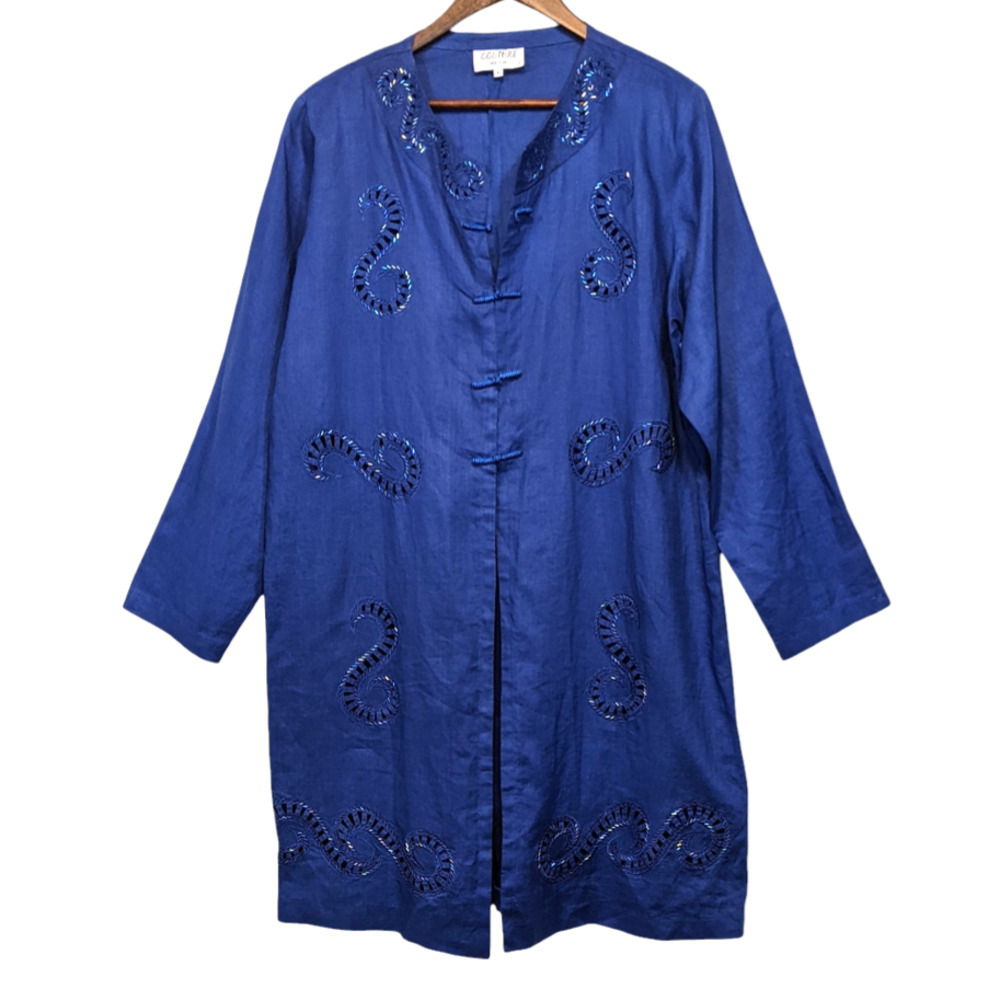 VTG Couture 100% Linen Royal Blue Open Frog Button Front Tunic Beading Artsy 16
